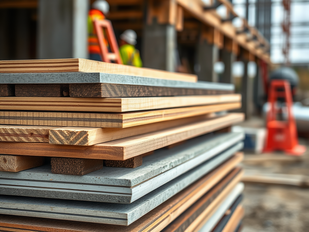 На изображенииStacks of lumber and construction materials на строительной площадке с рабочими на заднем плане.