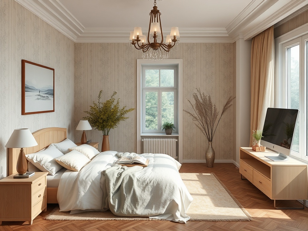 Современная спальня с двуспальной кроватью, телевизором, светильниками и зелеными растениями у окна.