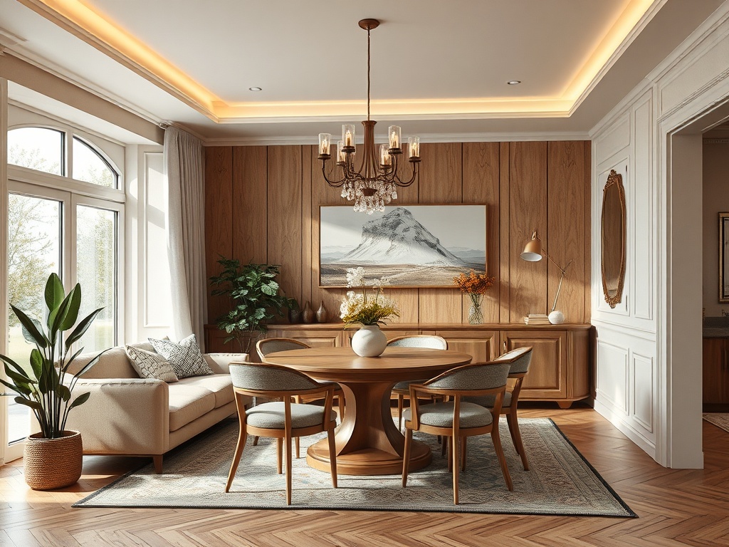 Уютная столовая с круглым столом, стульями, диваном и картинами на стенах. Зеленые растения и светлый интерьер.