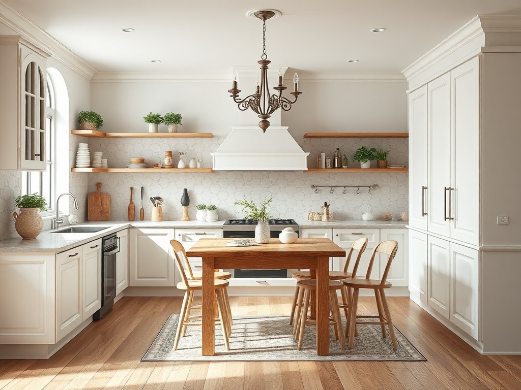 Современная кухня с деревянным столом, стульями, белыми шкафами и открытыми полками для посуды.