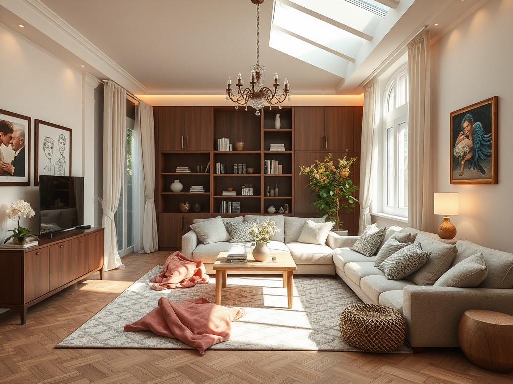 Светлая гостиная с большим диваном, книжными полками и роскошной люстрой. Уютно и стильно оформлено.