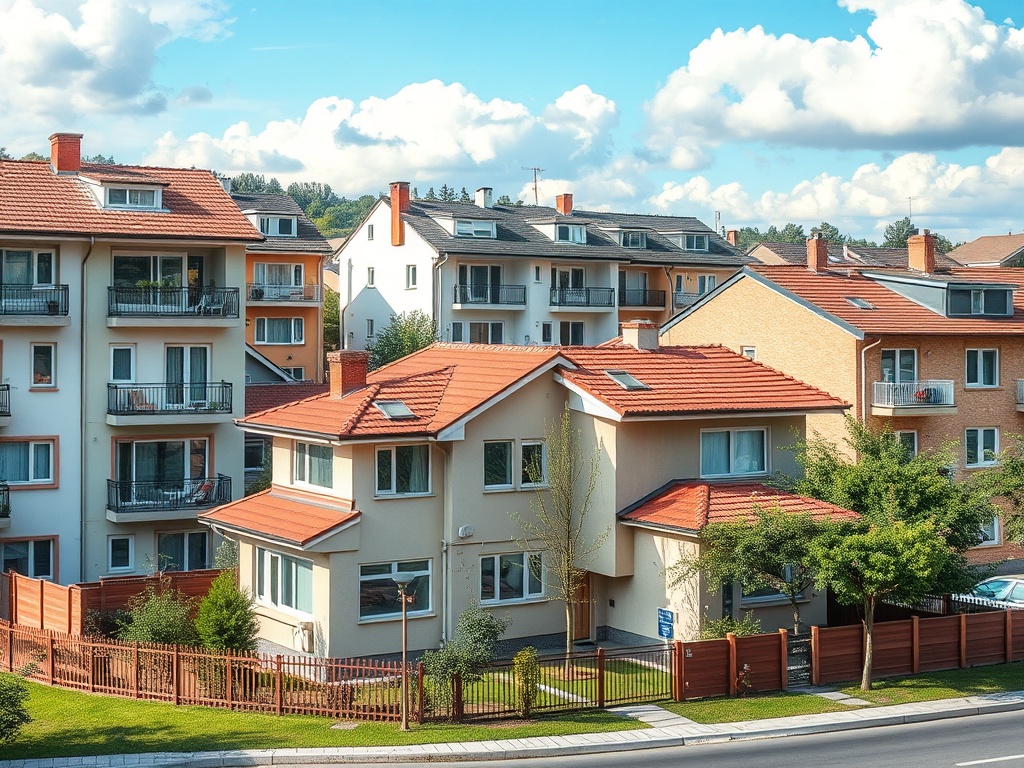 На изображении жилые дома с красными крышами, ухоженная территория и зелёные насаждения. Чистое небо.