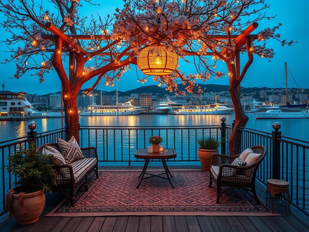 Уютная терраса с цветущим деревом, светильником и видом на вечерний порт. Спокойная атмосфера.