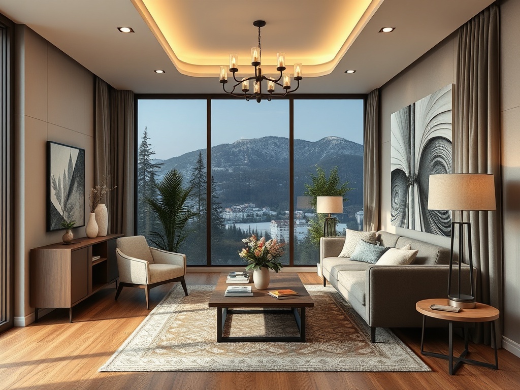 Современная гостиная с большим окном, видом на горы и стильной мебелью в теплых тонах.