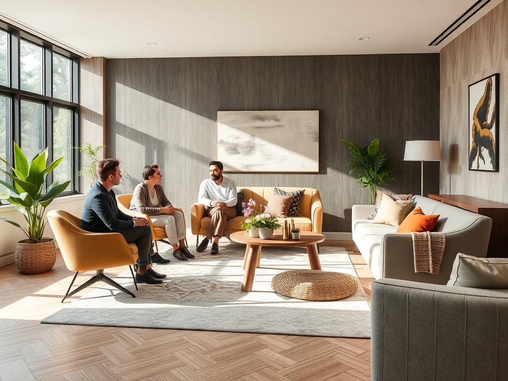 Современный светлый интерьер, три человека общаются в уютной комнате с растениями и стильной мебелью.