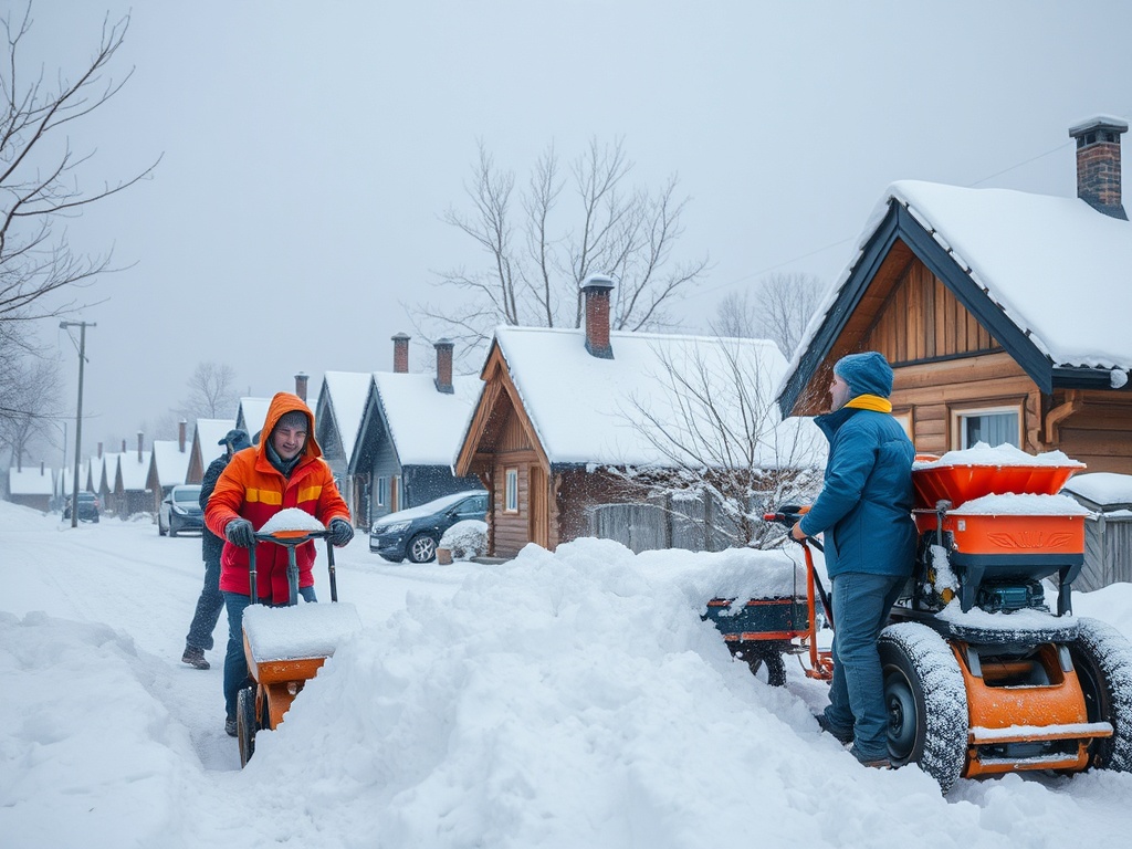Два человека убирают снег с улицы, здания окружены снежным покровом, зимний пейзаж.