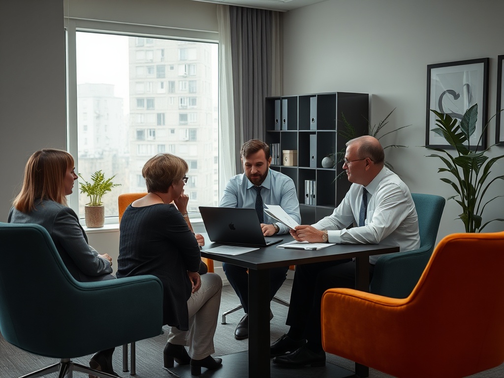 Группа людей в офисе обсуждает проект за столом, используя ноутбук и документы. На столе растительность.