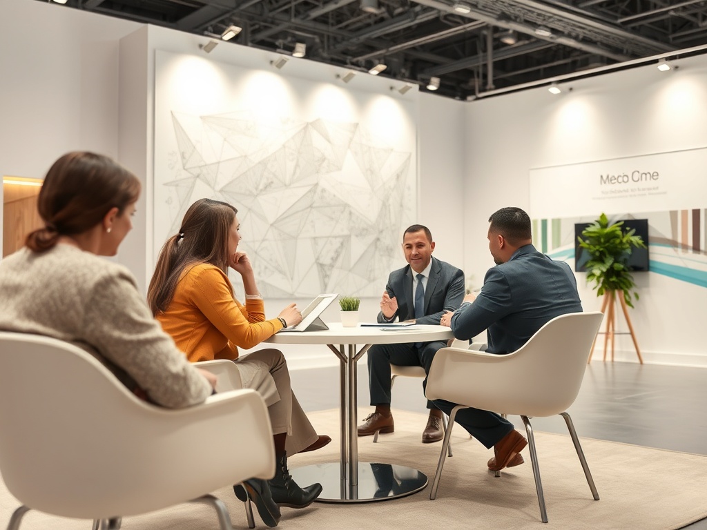 Четыре человека обсуждают идеи за круглым столом в современном офисе. Впереди есть экран и зеленое растение.