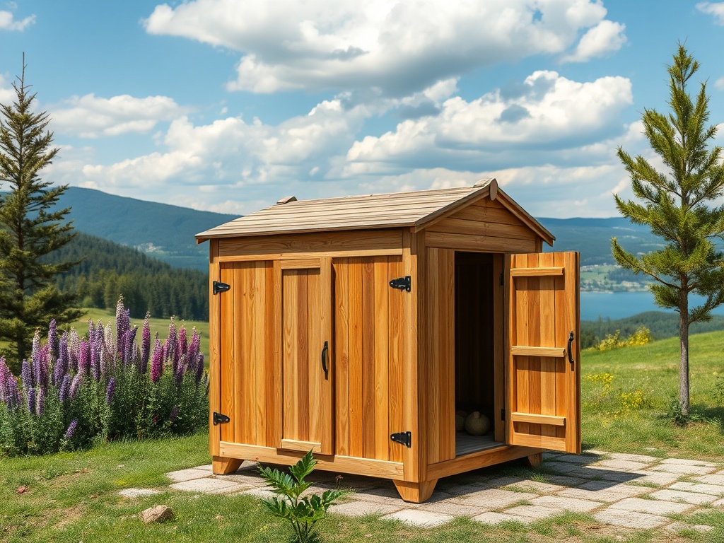 Деревянный сарай на фоне гор, окружённый зеленью и цветами, с открытыми дверцами.