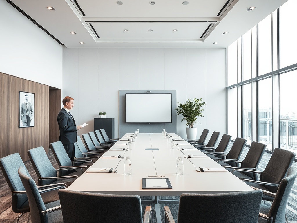 Современный зал заседаний с длинным столом и одним бизнесменом, готовым к встрече.