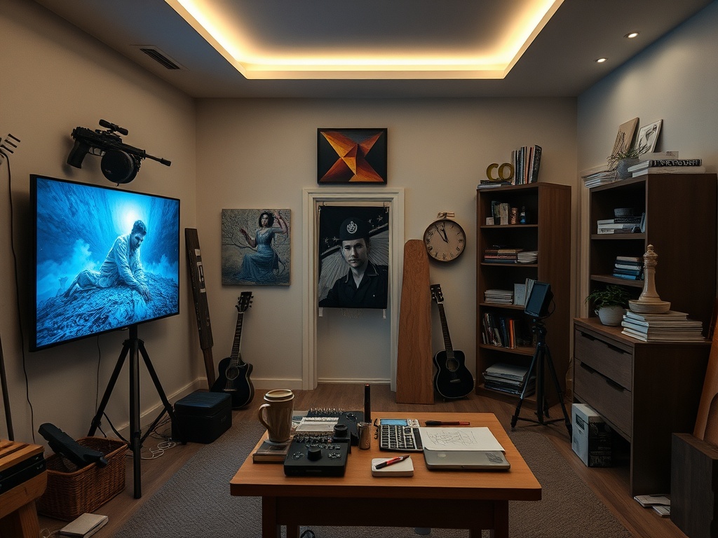 Комната с телевизором, музыкальными инструментами и картинами на стенах. Уютная обстановка для творчества.