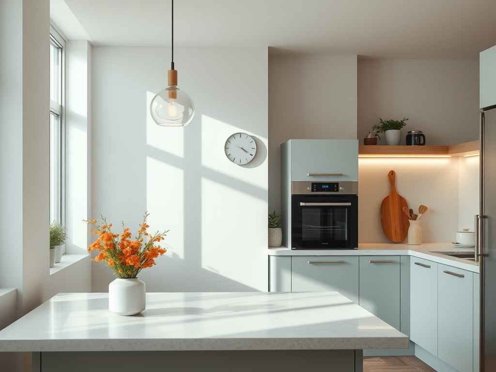Светлая кухня с голубыми шкафами, стеклянным светильником и букетом оранжевых цветов на столе.