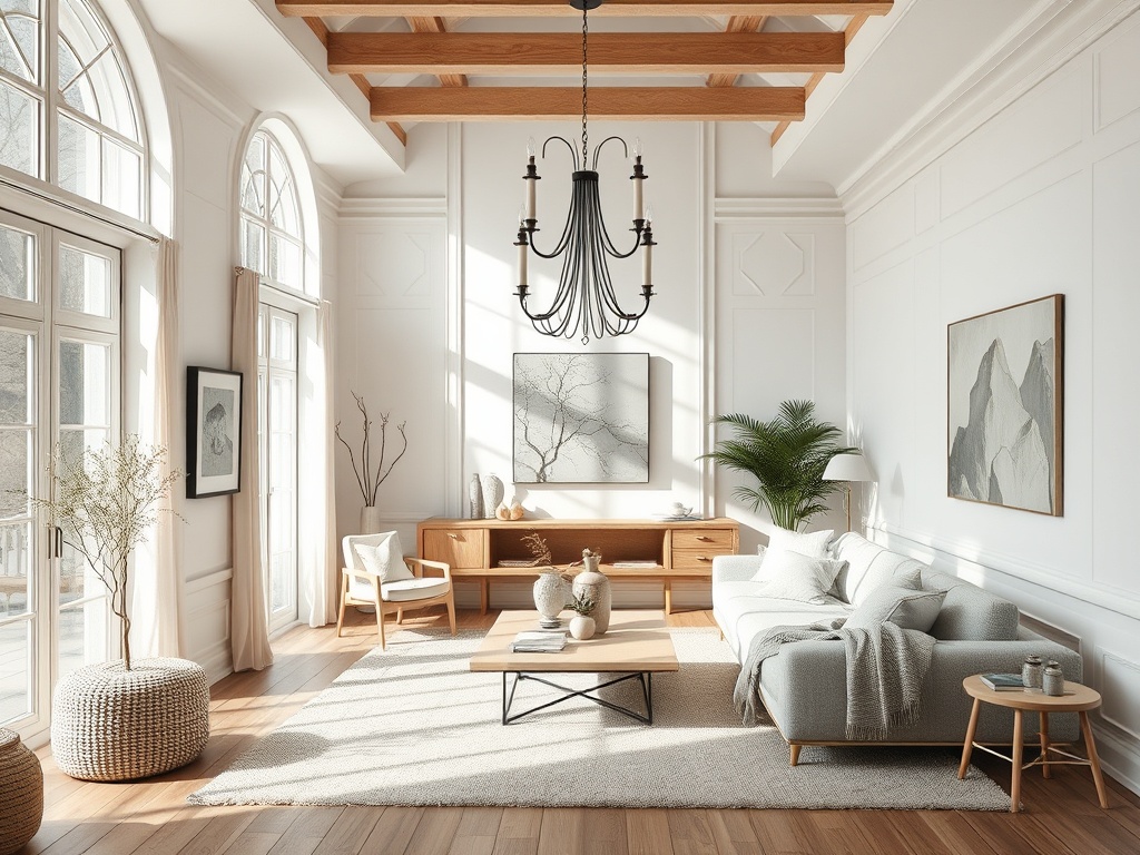 Светлая гостиная с большими окнами, уютной мебелью и элементами декора в современном стиле.