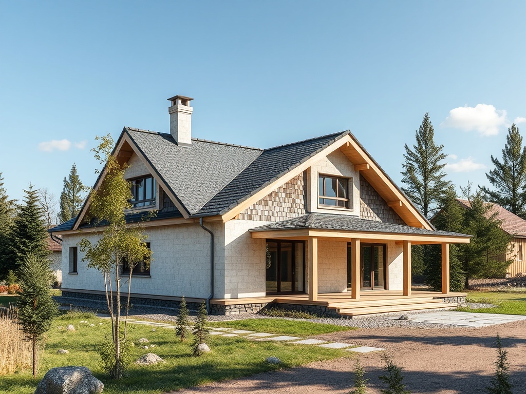 Современный дом с мансардной крышей, верандой и зелеными насаждениями вокруг. Ясный голубой день.