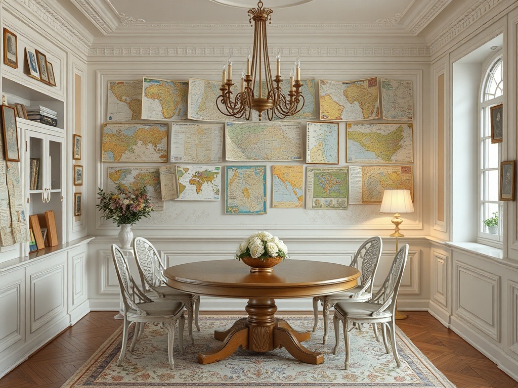 Уютная столовая с круглым столом и стульями, стены украшены картами и живыми цветами.