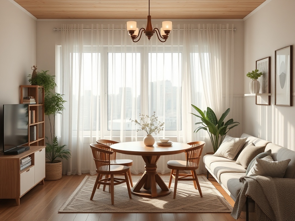 Светлая гостиная с деревянной мебелью, круглым столом и большими окнами, украшенная зелеными растениями.