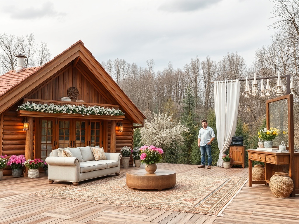 На террасе загородного дома с цветами и уютной мебелью стоит человек, наслаждаясь атмосферой природы.