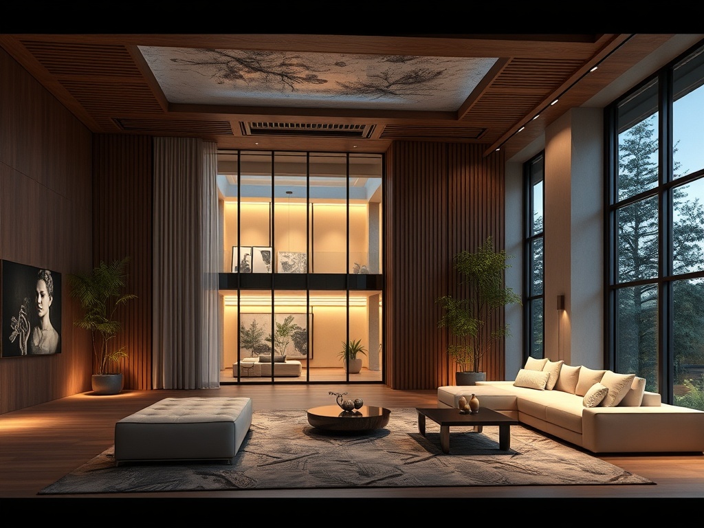 Современный интерьер с большим окном, уютной мебелью и картины на стенах. Зеленые растения добавляют живость.