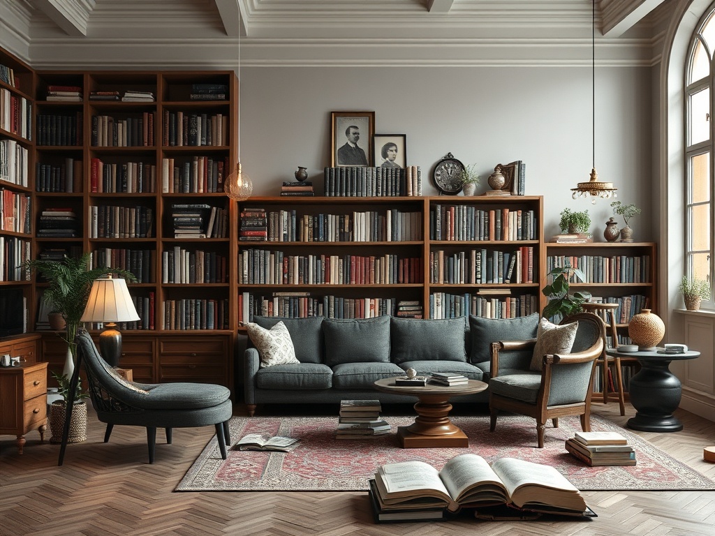 Современная уютная библиотека с книгами, мягкой мебелью и светлыми стенами. Атмосфера уюта и отдыха.