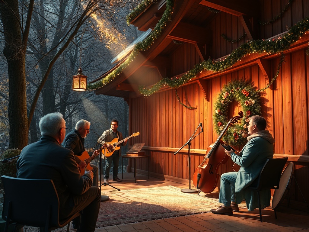 На сцене в лесу музыканты играют для небольшой аудитории в уютной атмосфере. Тихий вечер и теплый свет.