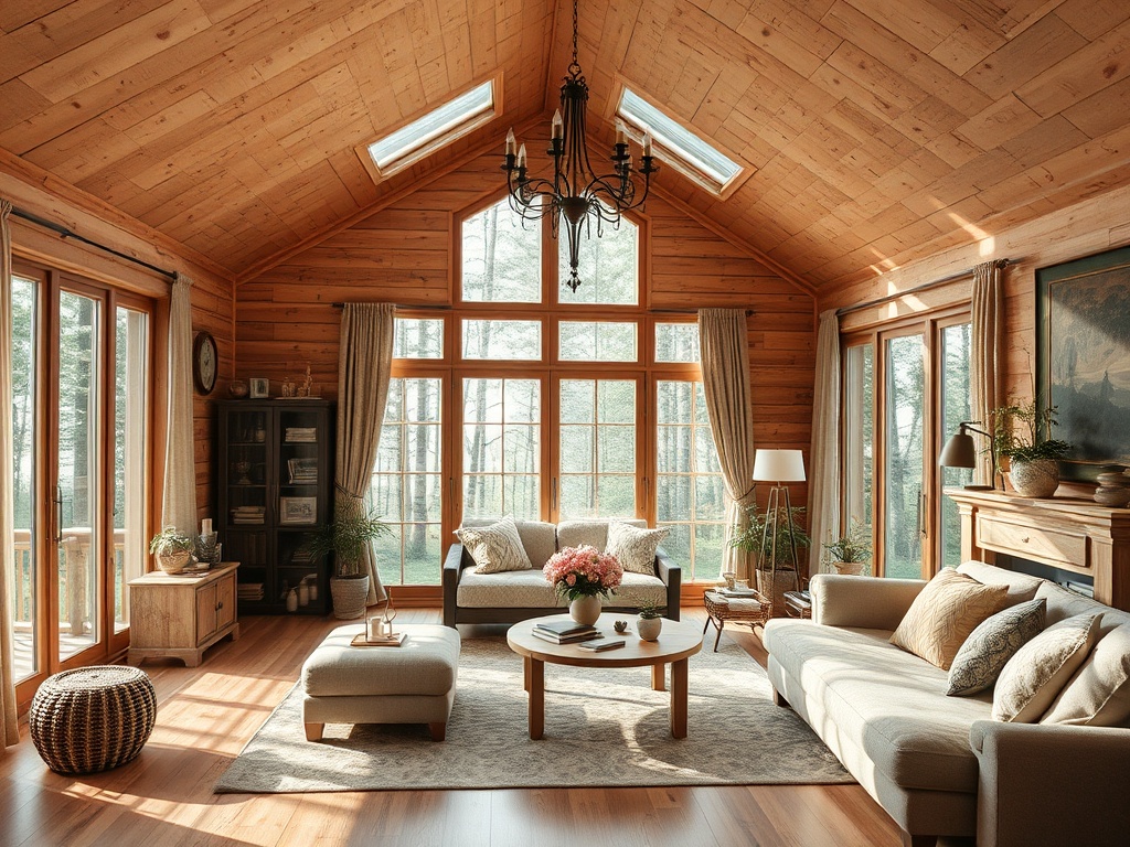 Светлая гостиная с деревянными стенами, большими окнами и уютной мебелью, обставленная растениями и декором.