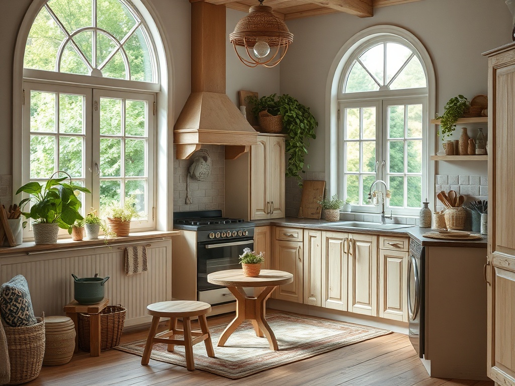 Светлая кухня с большими окнами, деревянной мебелью и зелеными растениями на подоконниках. Уютная атмосфера.