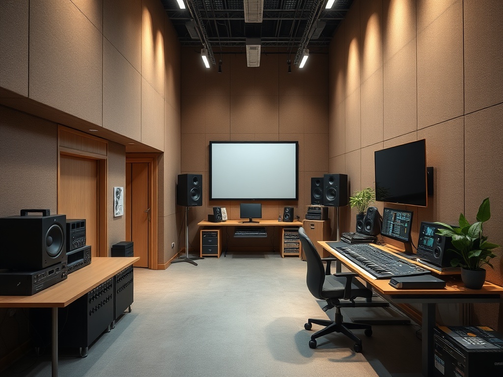 Современная студия звукозаписи с оборудованием, мониторами и комфортным рабочим пространством.