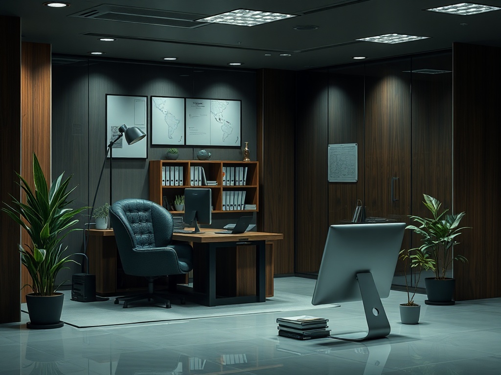 Современный офис с деревянными панелями, креслом, столом и растениями в горшках. Уютная и стильная обстановка.