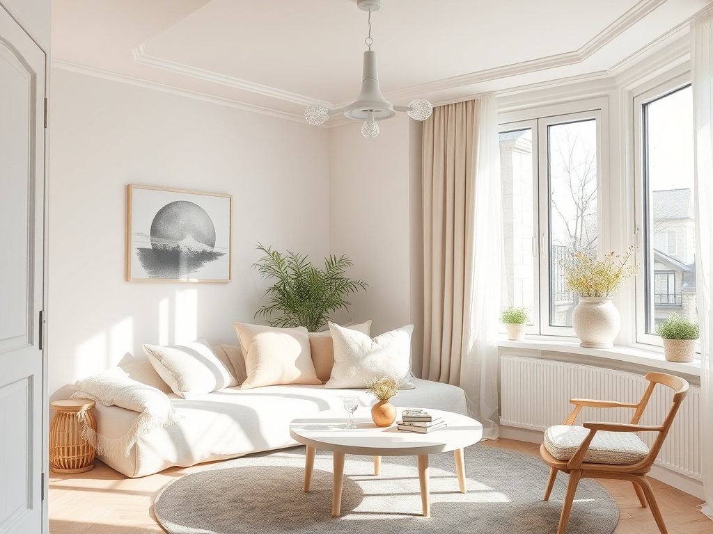 Светлая гостиная с мягким диваном, круглым столом и зелеными растениями у окна. Теплая и уютная атмосфера.