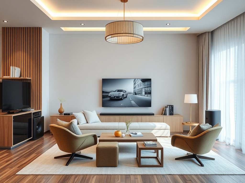 Современная гостиная с уютной мебелью, телевизором и светлыми шторами на фоне деревянного пола.