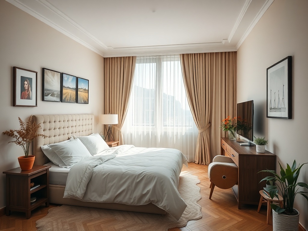 Современная светлая спальня с уютной кроватью, телевизором и красивыми картинами на стенах.