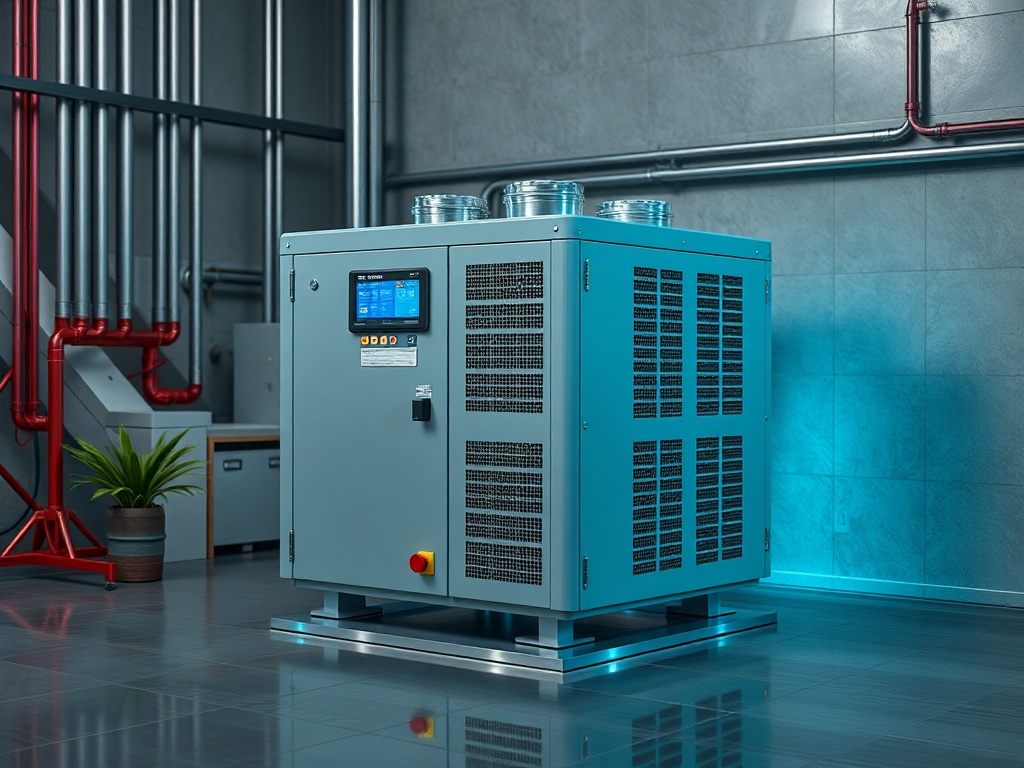 Современный холодильный агрегат в промышленных условиях с цифровым дисплеем и трубопроводами на фоне.
