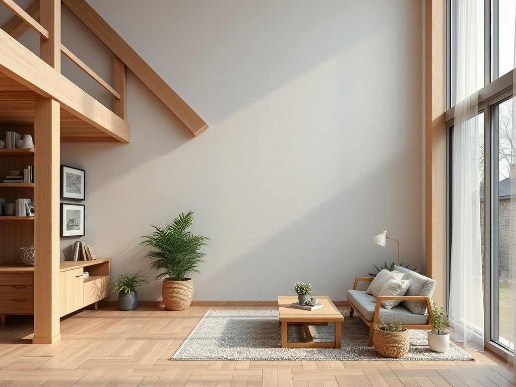 Современный интерьер с деревянной мебелью, мягким диваном и растениями в уютной гостиной.