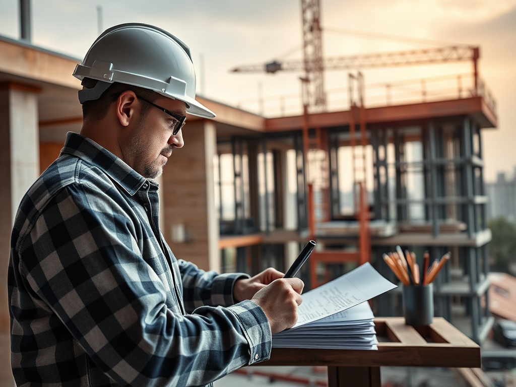 Строитель в каске смотрит на документы и делает заметки на фоне строительного объекта.