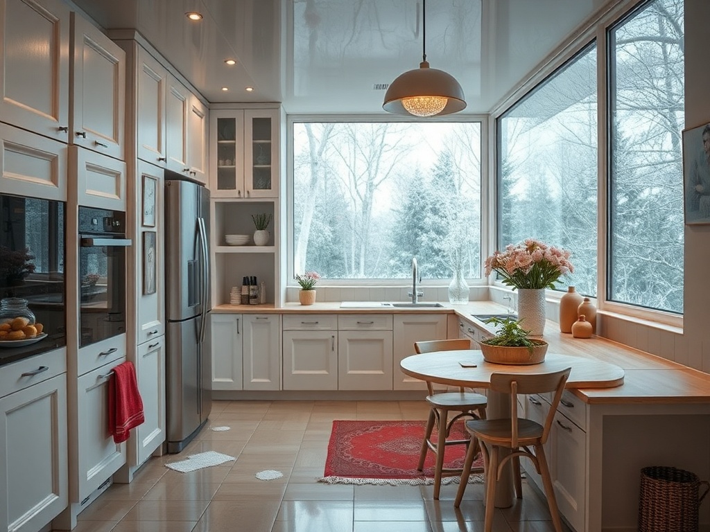 Современная кухня с большими окнами, столом и цветами, уютно оформленная и светлая.