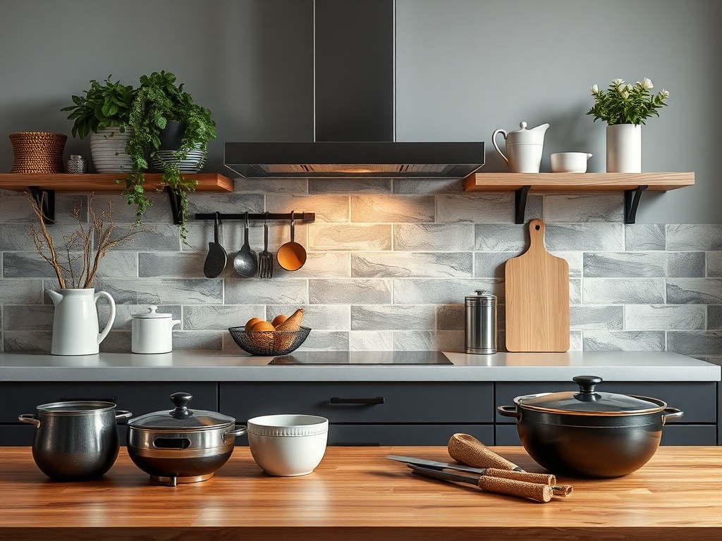Современная кухня с металлическими кастрюлями, деревянной столешницей и растениями на полках.
