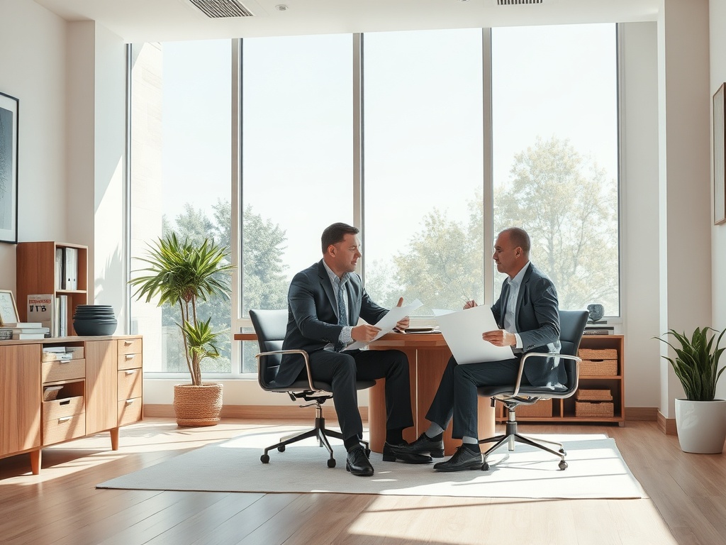 Два мужчины в костюмах сидят за столом и обсуждают документы в светлом офисе с большими окнами.
