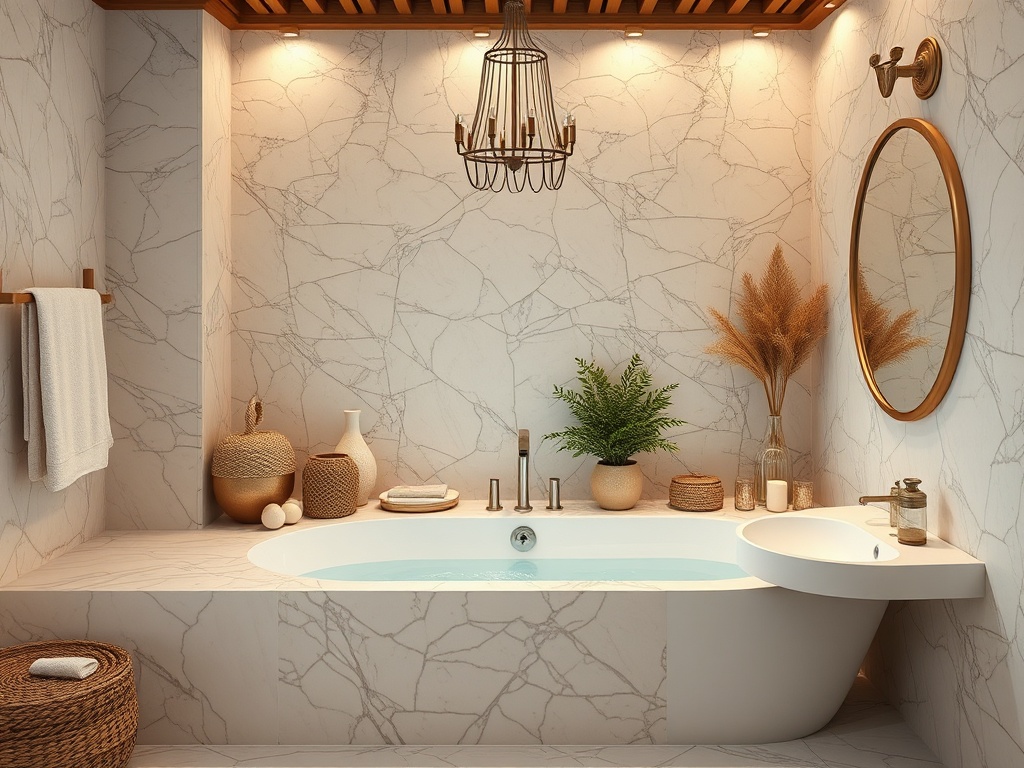 Современная ванная комната с мраморными стенами и уютными аксессуарами, включая растения и мягкое освещение.