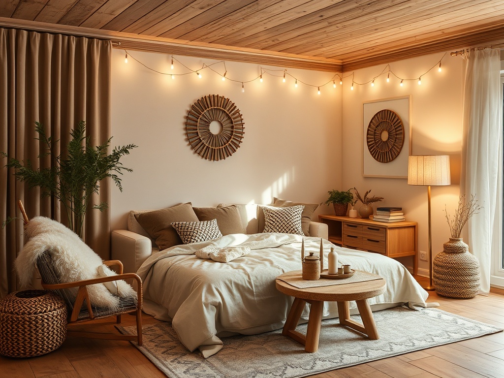 Комфортная спальня с кушеткой, ковром и мягким освещением. Растения и уютный декор создают атмосферу уюта.