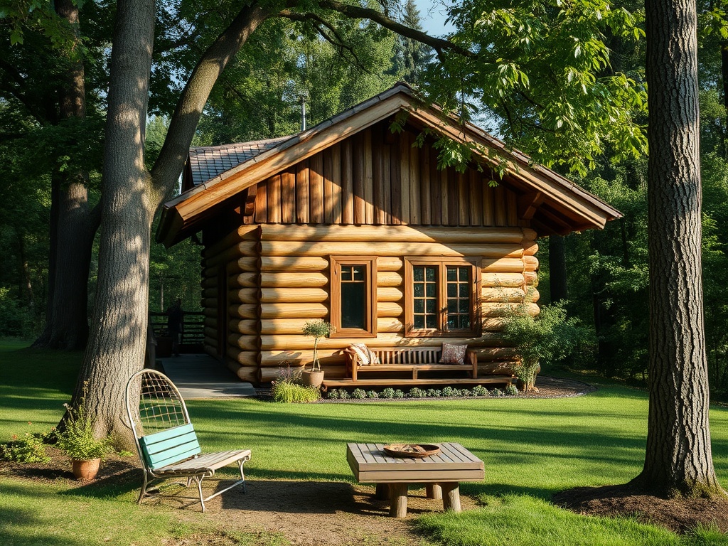 Уютный деревянный дом в лесу с зеленым газоном и удобной мебелью на веранде.